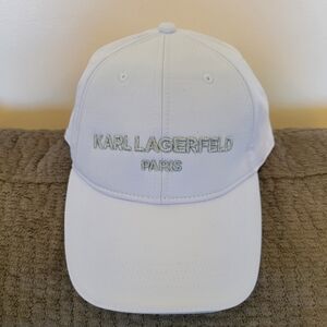 Karl Lagerfeld White Baseball Hat W/Silver Sparkle Logo